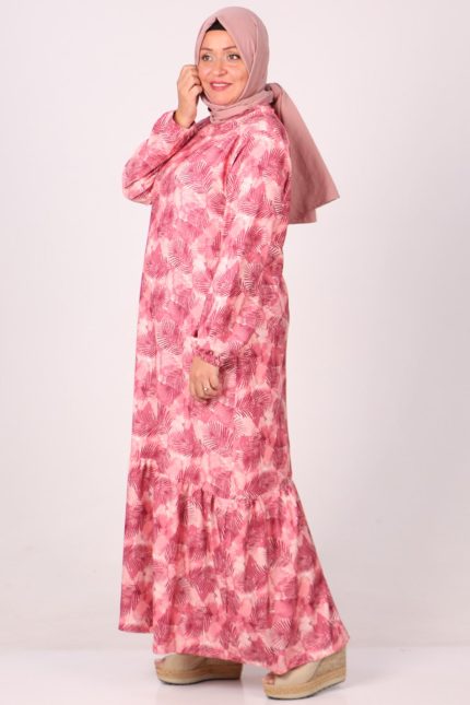 32024 Büyük Beden Etek Ucu Fırfırlı Bürümcük Elbise -  Yaprak Desen Pembe
