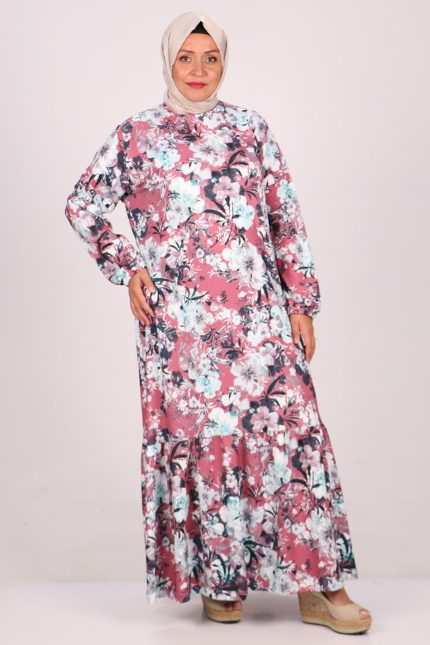 32024 Büyük Beden Etek Ucu Fırfırlı Bürümcük Elbise - Çiçek Desen Gül Kurusu