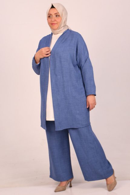 47201 Büyük Beden Airobin Kimono Pantolonlu Takım - İndigo