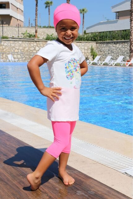1708 -1 Ağaç Baskılı Çocuk Havuz Mayosu-Beyaz-Pembe