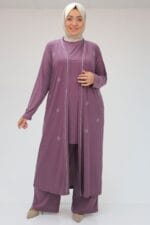 Büyük Beden Taş Baskılı Sandy Takım - Lila - 47304 - Görsel 2