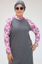 1734 Büyük Beden Reglan Kol Tesettür Mayo - Pembe - Gri - Large Moda - Görsel 3