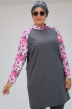 1734 Büyük Beden Reglan Kol Tesettür Mayo - Pembe - Gri - Large Moda - Görsel 2
