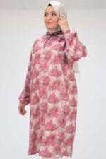 Büyük Beden Yaka Fırfırlı Jesica Tunik - Yaprak Desen Gül - 58028 - Görsel 4