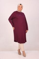 Büyük Beden Düşük Kol Penye Tunik - Mor - 38110 - Görsel 4