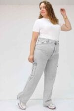 Büyük Beden Yan Cepli Kot Pantolon - Kar Yıkama Gri - 49031 - Görsel 5