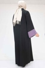 Büyük Beden Garni Detaylı Etamin Elbiseli Abaya - Siyah-Lila - 57206 - Görsel 5
