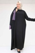 Büyük Beden Garni Detaylı Etamin Elbiseli Abaya - Siyah-Lila - 57206 - Görsel 4