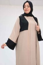 Büyük Beden Garni Detaylı Etamin Elbiseli Abaya - Siyah-Vizon - 57206 - Görsel 2