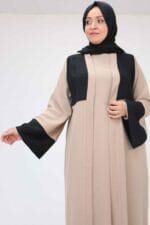 Büyük Beden Garni Detaylı Etamin Elbiseli Abaya - Siyah-Vizon - 57206 - Görsel 4