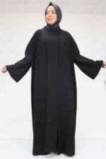 57210 Büyük Beden Renge Renk Garni Detaylı Abaya Takım - Siyah