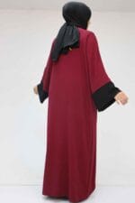 Büyük Beden Patı Garnili Etamin Elbiseli Abaya - Bordo-Siyah - 57204 - Görsel 6