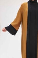 Büyük Beden Patı Garnili Etamin Elbiseli Abaya - Taba-Siyah - 57204 - Görsel 4