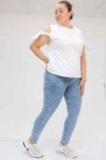 Büyük Beden Beli Lastikli Dar Paça Uzun Kot Pantolon - Kar Yıkama Mavi - 9184-11 - Görsel 2