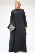 Büyük Beden Garni Detaylı Etamin Elbiseli Abaya - Siyah - 57207 - Görsel 4