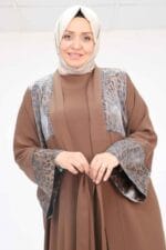 Büyük Beden Garni Detaylı Etamin Elbiseli Abaya - Kahve - 57207 - Görsel 2