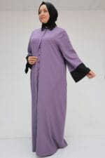 Büyük Beden Kol Garnili Etamin Abaya Ferace - Lila-Siyah - 56008 - Görsel 2
