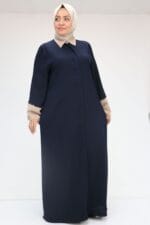 Büyük Beden Kol Garnili Etamin Abaya Ferace - Lacivert-Vizon - 56008 - Görsel 4