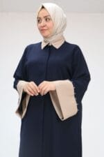 Büyük Beden Kol Garnili Etamin Abaya Ferace - Lacivert-Vizon - 56008 - Görsel 2