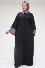 56008 Büyük Beden Kol Garnili Etamin Abaya Ferace - Siyah-Lila - Large Moda - Görsel 4