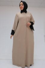 Büyük Beden Kol Garnili Etamin Abaya Ferace - Siyah-Vizon - 56008 - Görsel 4