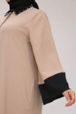 Büyük Beden Kol Garnili Etamin Abaya Ferace - Siyah-Vizon - 56008 - Görsel 2