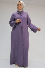 Büyük Beden Kol Garnili Etamin Abaya Ferace - Lila - 56012 - Görsel 2
