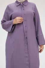 Büyük Beden Kol Garnili Etamin Abaya Ferace - Lila - 56012 - Görsel 4