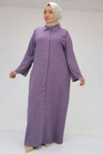 Büyük Beden Kol Garnili Etamin Abaya Ferace - Lila - 56012 - Görsel 5