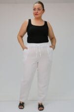 Büyük Beden Beli Lastikli Müslin Dar Paça Pantolon - Beyaz - 59020 - Görsel 4