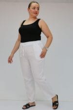 Büyük Beden Beli Lastikli Müslin Dar Paça Pantolon - Beyaz - 59020 - Görsel 5
