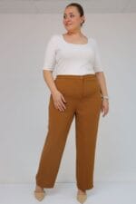Büyük Beden Beli Düğmeli Krep Pantolon - Hardal - 59016 - Görsel 5