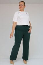 Büyük Beden Beli Düğmeli Krep Pantolon - Zümrüt - 59016 - Görsel 2
