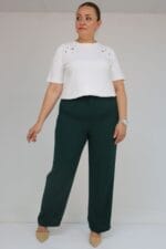 Büyük Beden Beli Düğmeli Krep Pantolon - Zümrüt - 59016 - Görsel 4