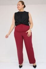 Büyük Beden Beli Düğmeli Krep Pantolon - Bordo - 59016 - Görsel 2