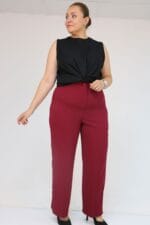 Büyük Beden Beli Düğmeli Krep Pantolon - Bordo - 59016 - Görsel 4