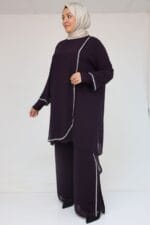 Büyük Beden Taş Baskı Detaylı Sandy Şifon Pantolonlu Takım - Mürdüm - 47064 - Görsel 2