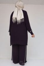 Büyük Beden Taş Baskı Detaylı Sandy Şifon Pantolonlu Takım - Mürdüm - 47064 - Görsel 5