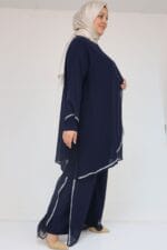 47064 Büyük Beden Taş Baskı Detaylı Sandy Şifon Pantolonlu Takım - Lacivert - Large Moda - Görsel 4