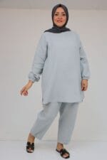 Büyük Beden Kolları Lastikli Müslin Pantolonlu Takım - Gri - 57048 - Görsel 2