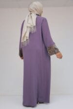 Büyük Beden Kol Garnili Etamin Abaya Ferace - Lila - 56005 - Görsel 4