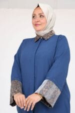 Büyük Beden Kol Garnili Etamin Abaya Ferace - Petrol - 56005 - Görsel 2