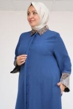 Büyük Beden Kol Garnili Etamin Abaya Ferace - Petrol - 56005 - Görsel 4