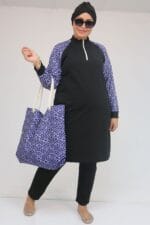 Büyük Beden Balıkçı Yaka Fermuarlı Mayo - Damla Desen Saks - 1732 - Görsel 5