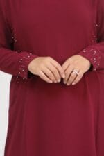 Büyük Beden Taş Detaylı Krep Elbise - Bordo - 52013 - Görsel 2