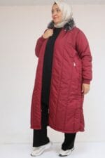 Büyük Beden Kapişonlu Kapitone Ceket-Bordo - 33093 - Görsel 2