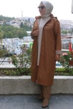 Büyük Beden Kapüşonlu Bondit Kap- Camel - 33068 - Görsel 5