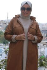 Büyük Beden Kapüşonlu Bondit Kap- Camel - 33068 - Görsel 6