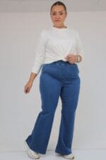 Büyük Beden Beli Lastikli İspanyol Paça Kot Pantolon - Mavi - 9137-18 - Görsel 4