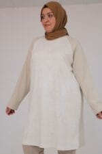 58162 Büyük Beden Garnili Modal Tunik - Bej - Large Moda - Görsel 2